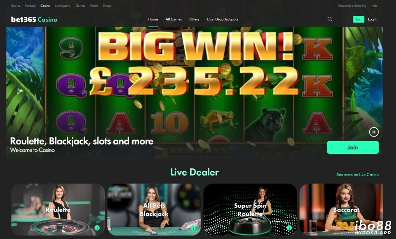 Website Bet365 Casino cung cấp loại hình đánh trực tuyến cùng Live Dealer