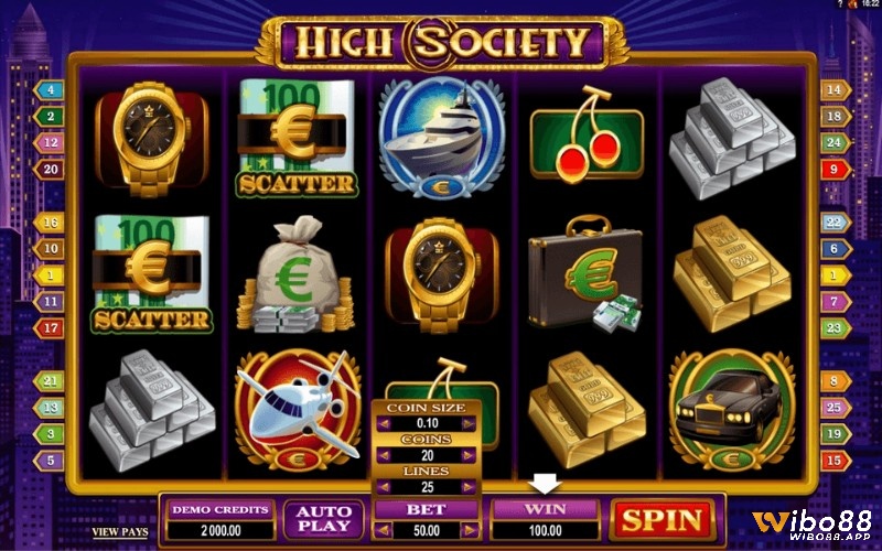 HighSociety là slot có 5 cuộn phim 3 hàng và 25 dòng thưởng 